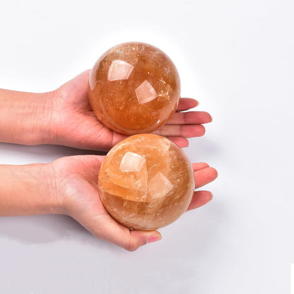 JIC Gem Healing Crystal Ball Stripe Orange Calcite Sphere Ball Decorative Ball with Wood Stand for Fengshui and Decoration (90-100mm)