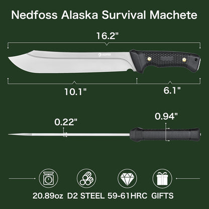 NedFoss 16" Survival Machete with Sheath, D2 Steel 0.22" Thick Full Tang Blade Machete Knife with Flat Grinding, Machete for Cutting Trees, for Yard Work, Clearing Brush with TPE Handle