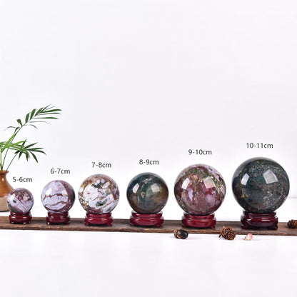 JIC Gem Large Healing Crystal Sphere with Stand Ocean Jasper Crystal Gemstone Decorative Ball for Home Decor Altar Reiki Healing Gift 90-100mm