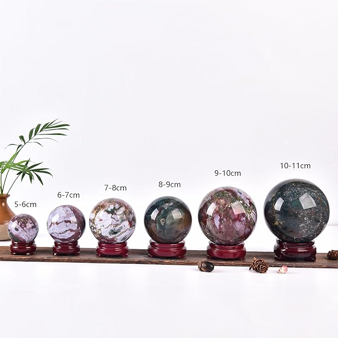 JIC Gem Natural Ocean Jasper Crystal Sphere with Wooden Stand Decorative Crystal Ball Healing Gemstone Sphere for Meditation,Feng Shui,Witch-Style Decor,Table 80-90mm