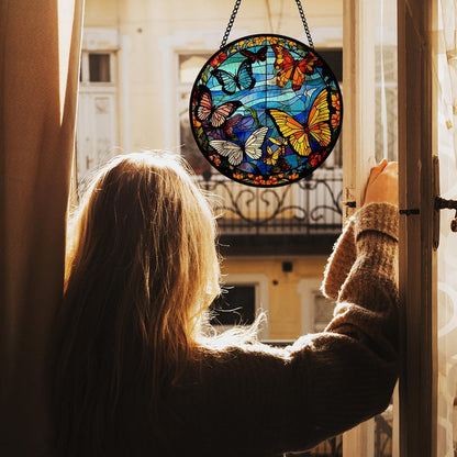 Butterfly Stained Glass Window Hanging, Suncatcher Panel for Window for Indoor Outdoor Decor, Wall Stained Glass for Balcony, Porch, Butterfly Ornament Birthday Gift for Boys and Girls, Housewarming