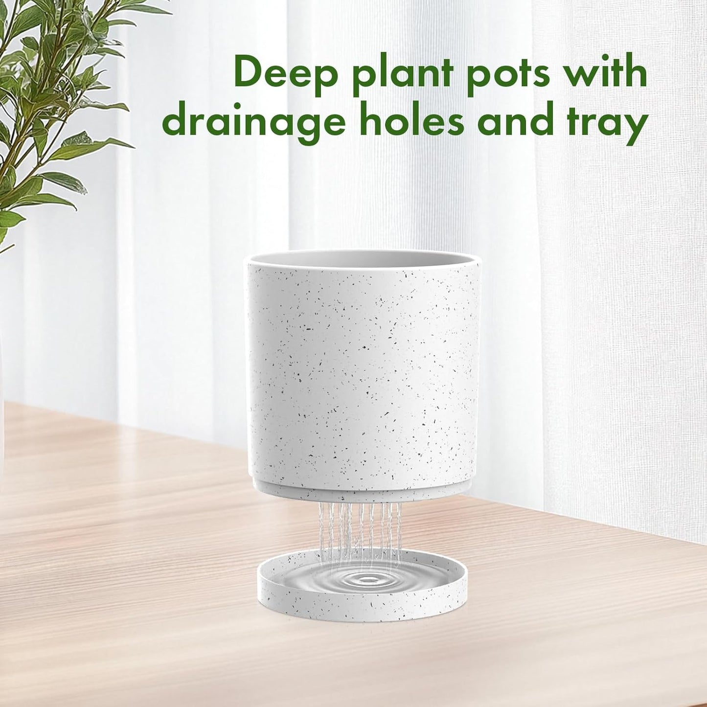 12/10/8 inch Large Plant Pots, 3 Pack Cylinder Deep Flower Pots for Outdoor Indoor Plants, Tall Plastic Planters with Drainage Holes and Saucers for Garden House Plants, Speckled White