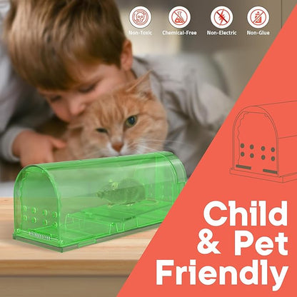 Humane Mouse Trap Pack of 2, Live Mouse Traps Catch and Release for Indoors & Outdoors, Pet & Child Safe, 6.69" Reusable Plastic Mouse Cage with Spring Door, Cleaning Brush Included, Green