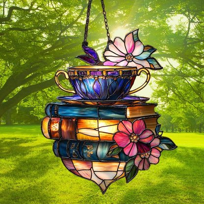 Floral Coffee Cup and Books Acrylic Suncatcher Stained Glass Effect Window Car Hanging Christmas Ornament Indoor Outdoor Decor Garden Sun Catcher Panel for Book Lover for Women Mom Grandma
