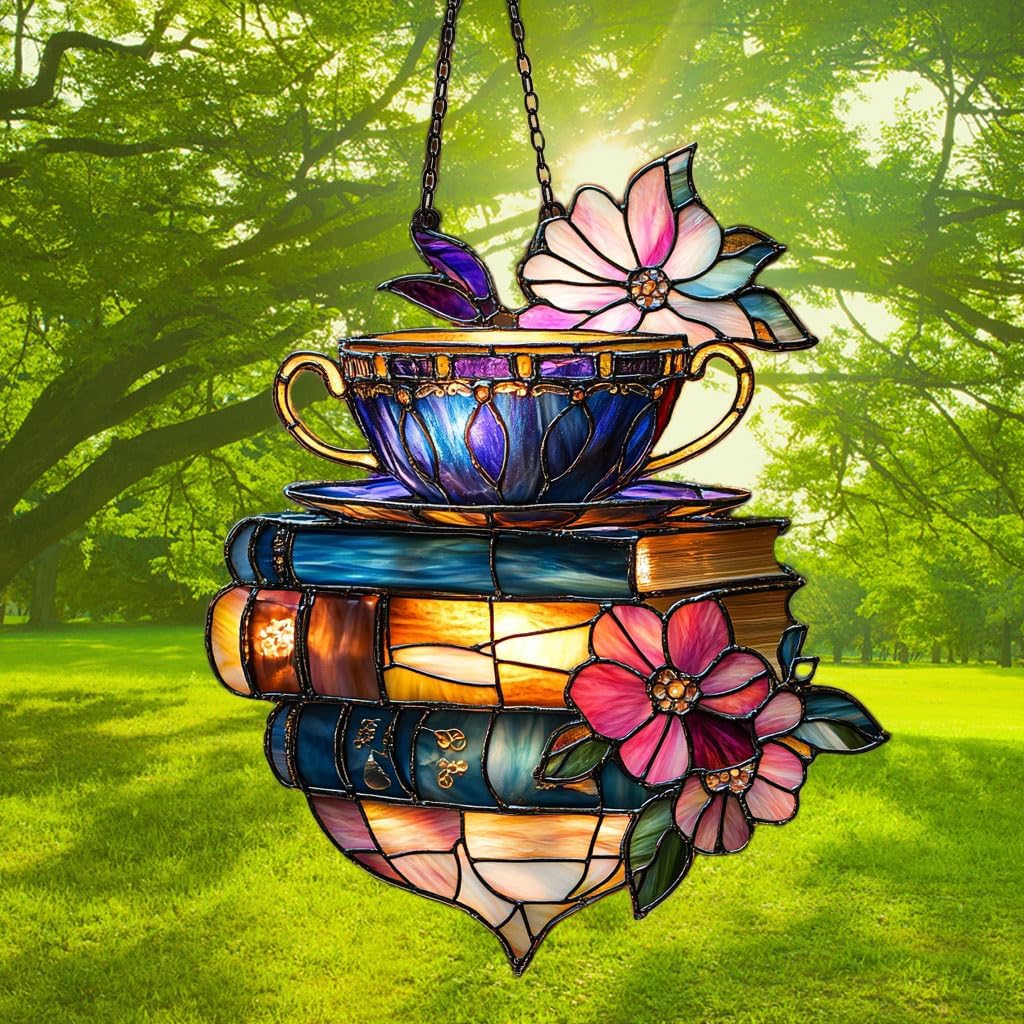 Floral Coffee Cup and Books Acrylic Suncatcher Stained Glass Effect Window Car Hanging Christmas Ornament Indoor Outdoor Decor Garden Sun Catcher Panel for Book Lover for Women Mom Grandma