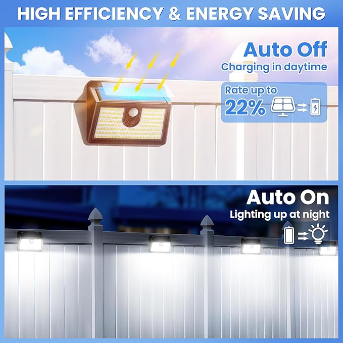 Solar Lights Outdoor Motion Sensor, 2 Pack 149 LED Waterproof Solar Powered Fence Lights, 3 Lighting Modes Security Wall Light for Outside Backyard Deck Garden Door Step Walking Dog, Cold Light 6500K