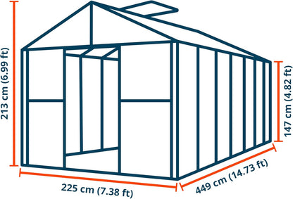 Greenhouse Topas 7 Aluminum Frame 7.4 x 14.7 ft Approx. 6 mm Polycarbonate Panels - with Bonus Base Frame and Automatic Vent Opener