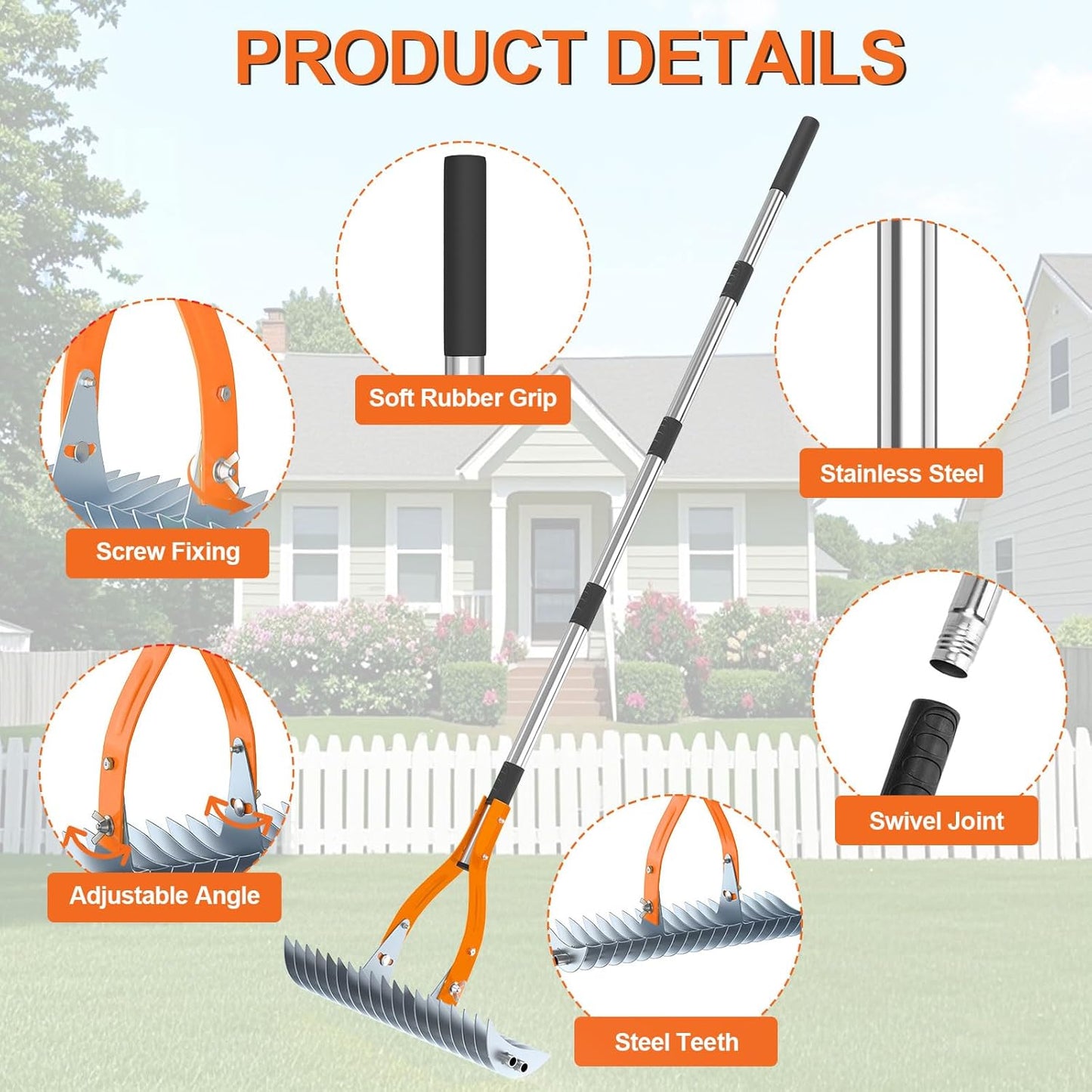TOOVEM Thatch Rake, 15-inch Lawn Thatching Rake with Heavy Duty Steel Tines & Ergonomic Handle, 70'' Professional Dethatching Rakes for Cleaning Dead Grass, Yard Garden Durable Soil Rakes