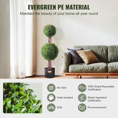 VEVOR Artificial Boxwood Topiary Tree, 36 inch Tall (2 Pieces), Double Ball Faux Topiary Trees, Faux Plant w/Extra Leaves & Pot & Small Decoration, UV Rated Set for Home Decor Indoor/Outdoor