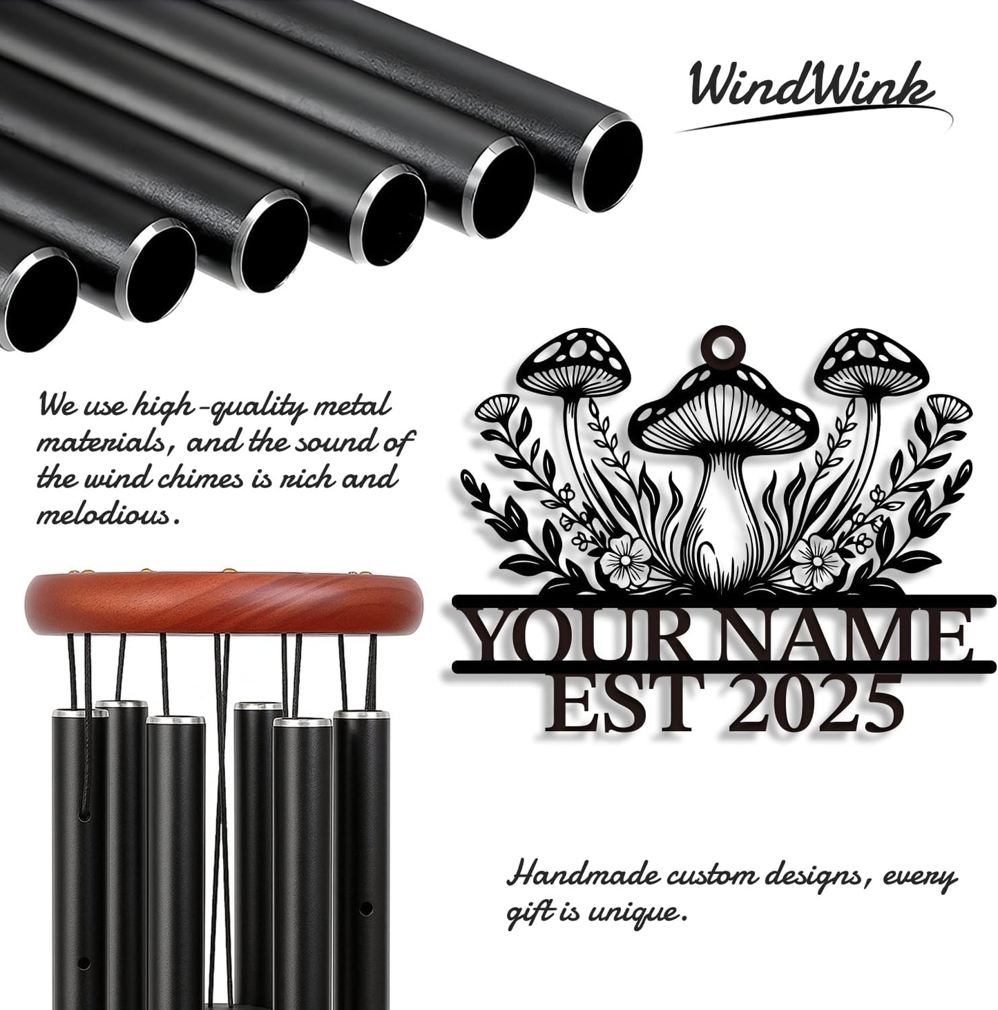 Personalized Customize Name Fantasy Mushroom Wonderland Wind Chime, Metal Iron 37 Inch Outdoor Memorial Gift for Garden Yard Patio Home Decor, Black (Style A)