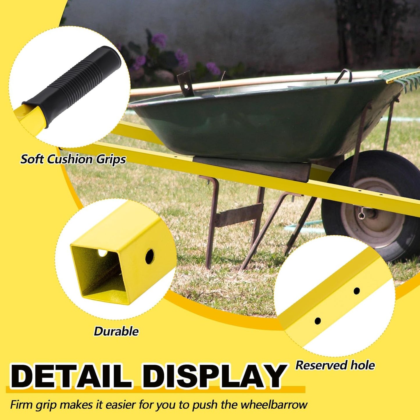 Gisafai 2 Pair Wheelbarrow Replacement Handles Kit 60 Inches Metal Wheelbarrow Handles Heavy Duty Yellow, Easy Install
