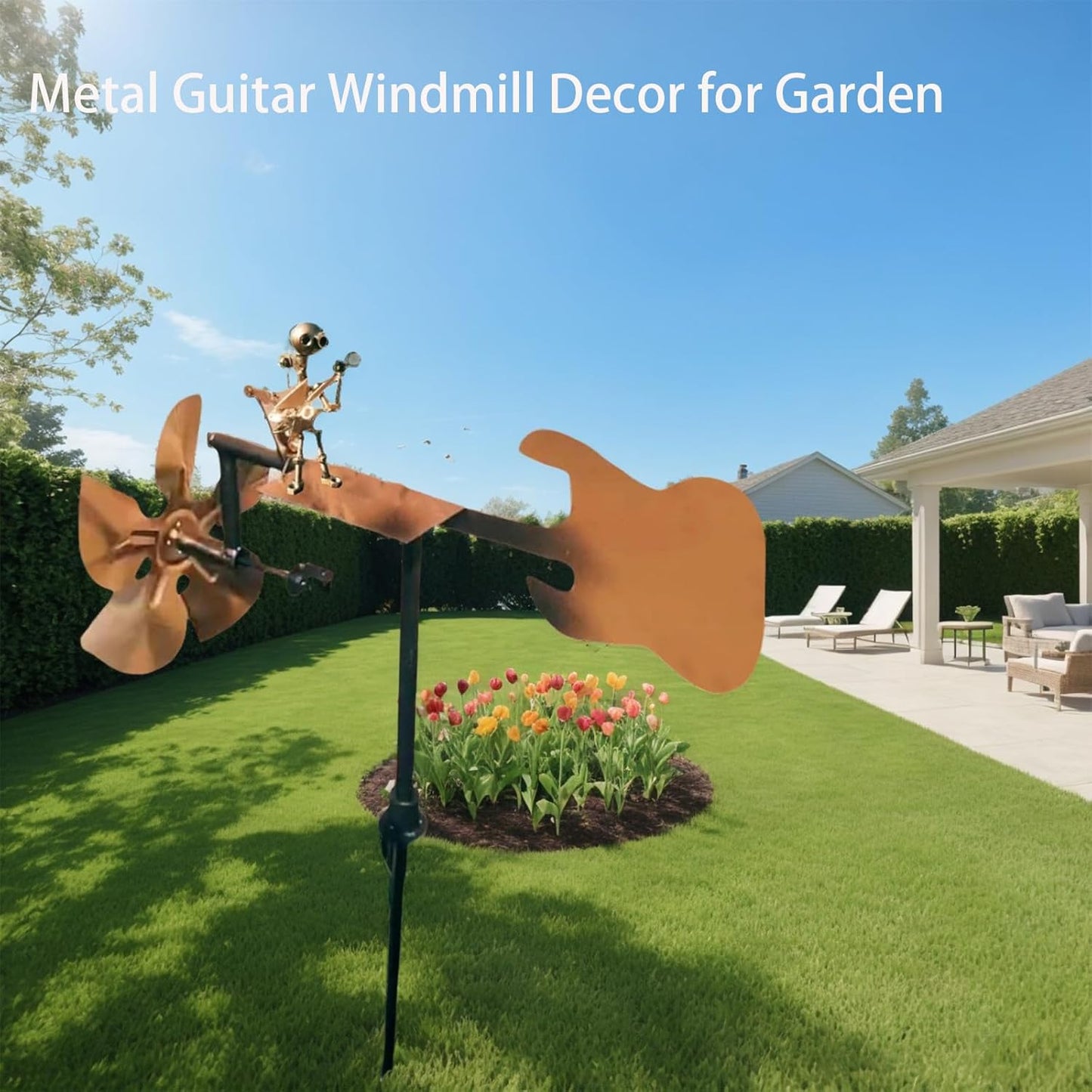 Garden Handmade Metal Rock Band Drummer Guitar Windmill, Kinetic Art Metal Sculpture Wind Spinners, Percussionist Music Rockin Art Figurine, Windmills for Yard Lawn Patio Outdoor Decor (Guitar)