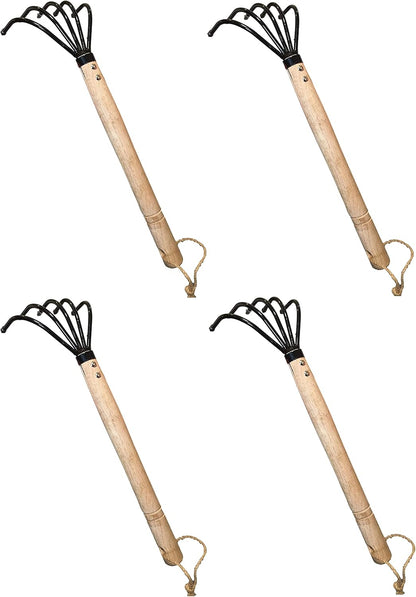Garden Guru Hand Rake Cultivator Claw Soil Tiller - Military Grade Steel - Rust Resistant - 5 Tine Japanese Ninja Claw - Comfortable Wood Handle - Perfect Pulverized and Aerated Soil (4 Pack)