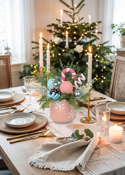Christmas Centerpieces for Tables, Small Christmas Table Arrangements with Ceramic Vase Pink & Blue Winter Holiday Table Centerpiece with Pine Branches Candy Cane Decor for Tabletop Dinner Tables