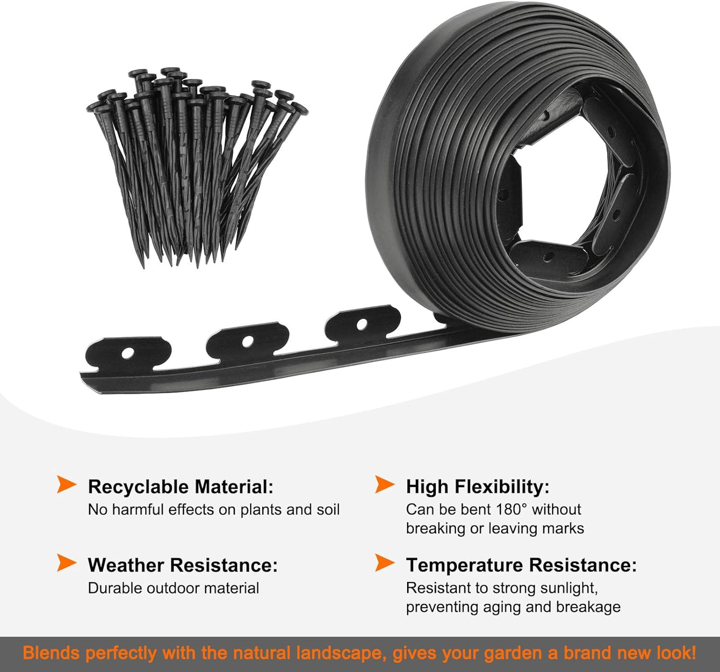 Garden Edging - 40 Feet Plastic Landscaping Edging Border with 36 Pack Spikes Apply to Flower Beds/Grass Lawn/Yard (1.57Inches Tall, Black)