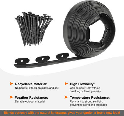 Garden Edging - 40 Feet Plastic Landscaping Edging Border with 36 Pack Spikes Apply to Flower Beds/Grass Lawn/Yard (1.57Inches Tall, Black)