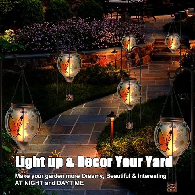 Hot Air Balloon Solar Lantern - Butterfly Stained Glass Lantern, Simulated Flickering & Dancing Flame, Outdoor Hanging Yard Light Waterproof IP65 for Patio Lawn Porch Decor Gift