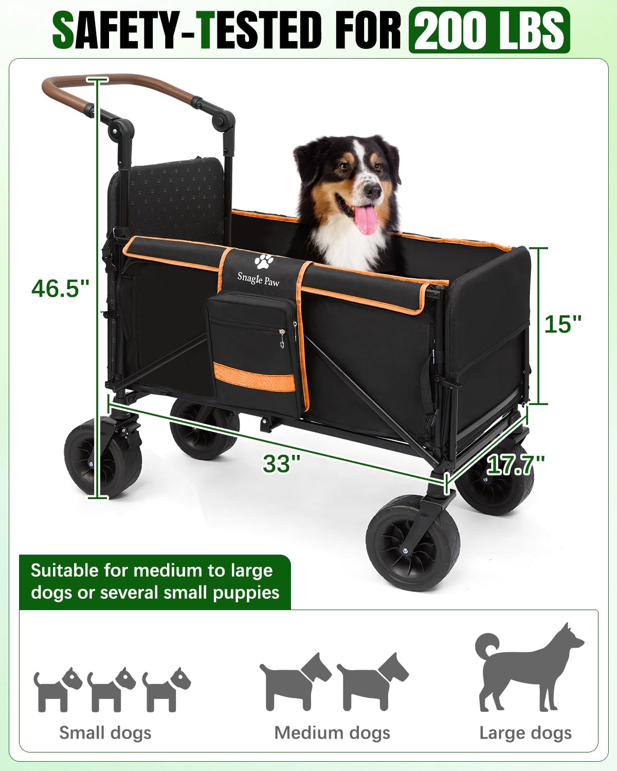 Snagle Paw Dog Wagon for Medium Large Dogs up to 200lbs | All Terrain Foldable Large Pet Stroller with Ramp & Tailgate (Extra Space), Dog Wagon Cart Adjustable Handle & One-Step Brake