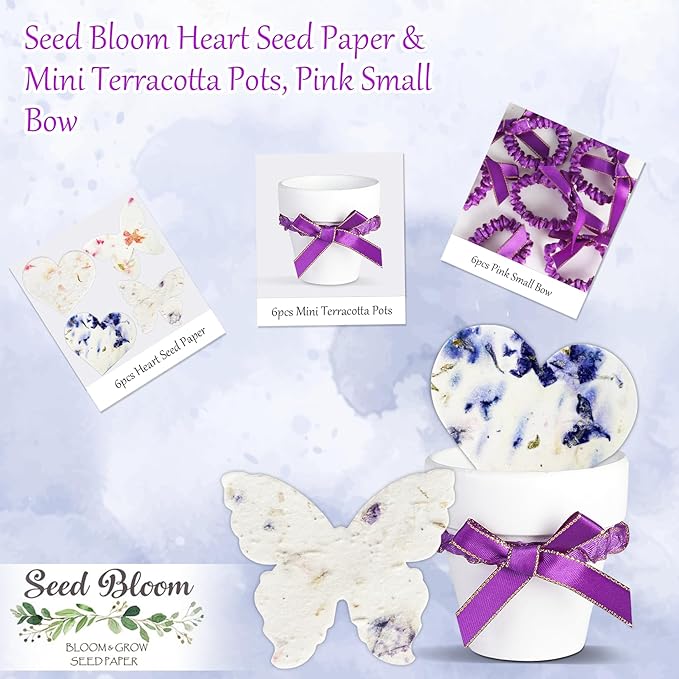Set of 6 Seed Paper – 6 Purple Hearts & 6 White Pots with Bow for Weddings & Life Events