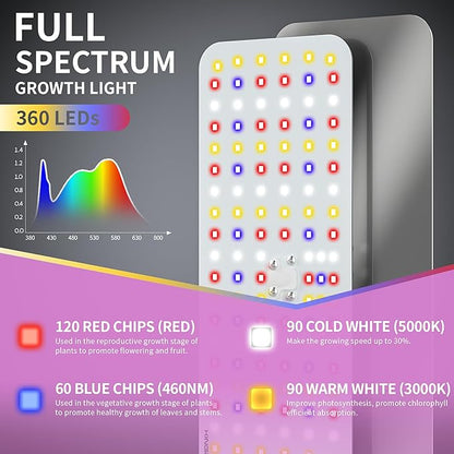 KINGPLUS Grow Lights with Stand, Three Heads, Full Spectrum LED Grow Light for Indoor Plants, 360 Leds, 4 Dimmable Levels, Timer 4/8/12h, 12-60inches Height Adjustable, 48w, Ideal for Desk Small Plant