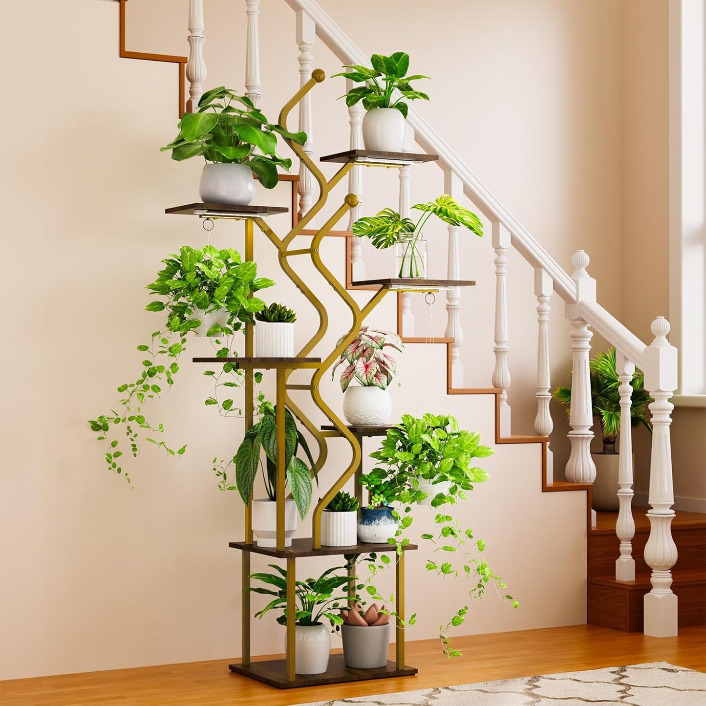 Bstrip 63 Inch Plant Stand with Grow Light, 7-Tier Indoor Plant Shelf with Hanging Hooks, Decor Corner Plant Stand for Living Room & Patio, Gold