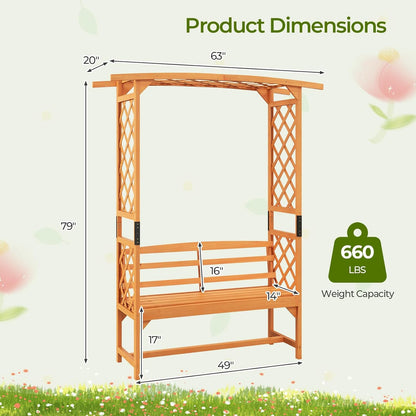 Giantex Garden Arch Trellis with Bench - 63''W x 79''H Wooden Arbor with 2-Person Outdoor Bench, Garden Arbors Archway Pergola for Climbing Plants Rose Wedding Backyard Party Lawn Decor