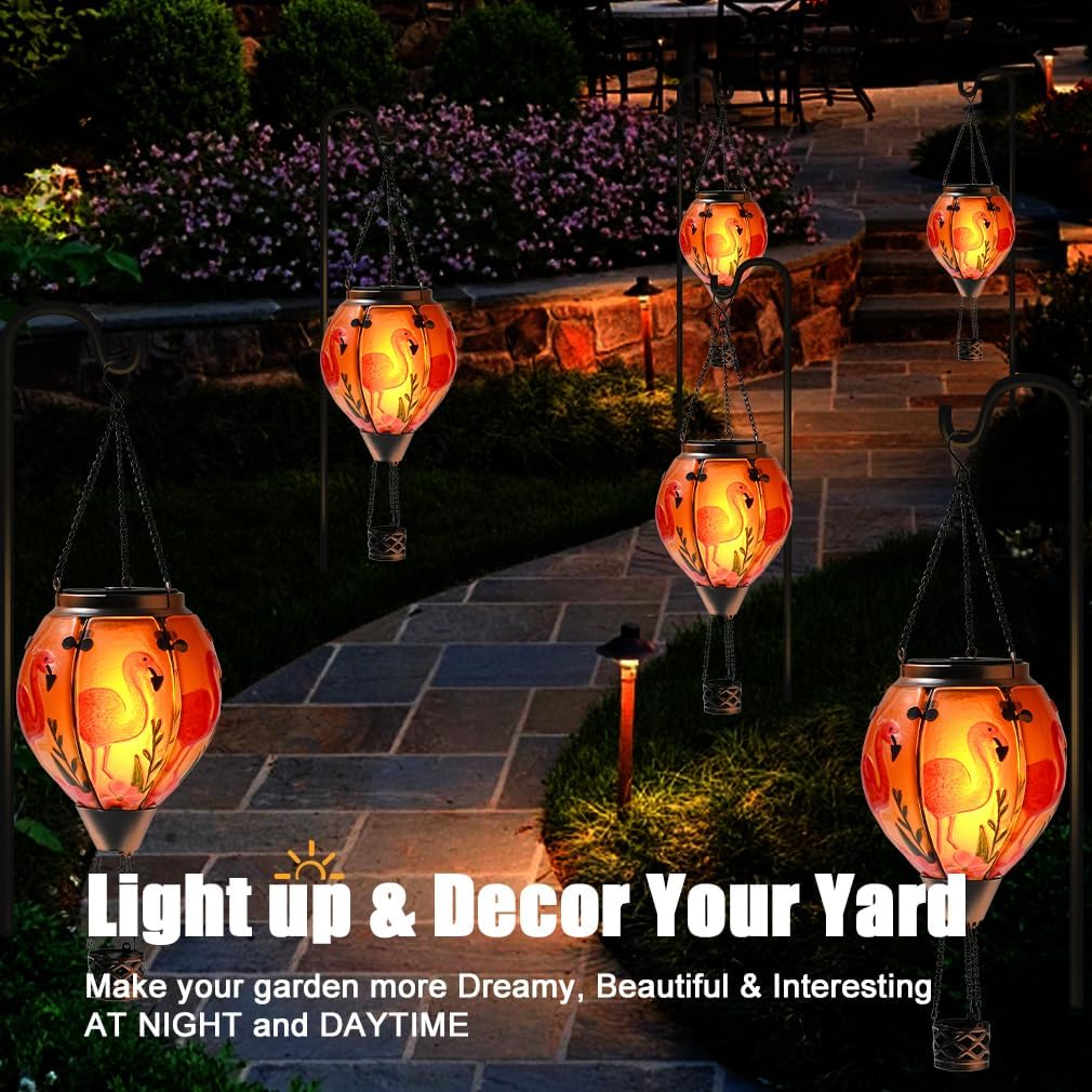 Hot Air Balloon Solar Lantern - Flamingo Stained Glass Lantern, Simulated Flickering & Dancing Flame, Outdoor Hanging Yard Light Waterproof IP65 for Patio Lawn Porch Decor Gift