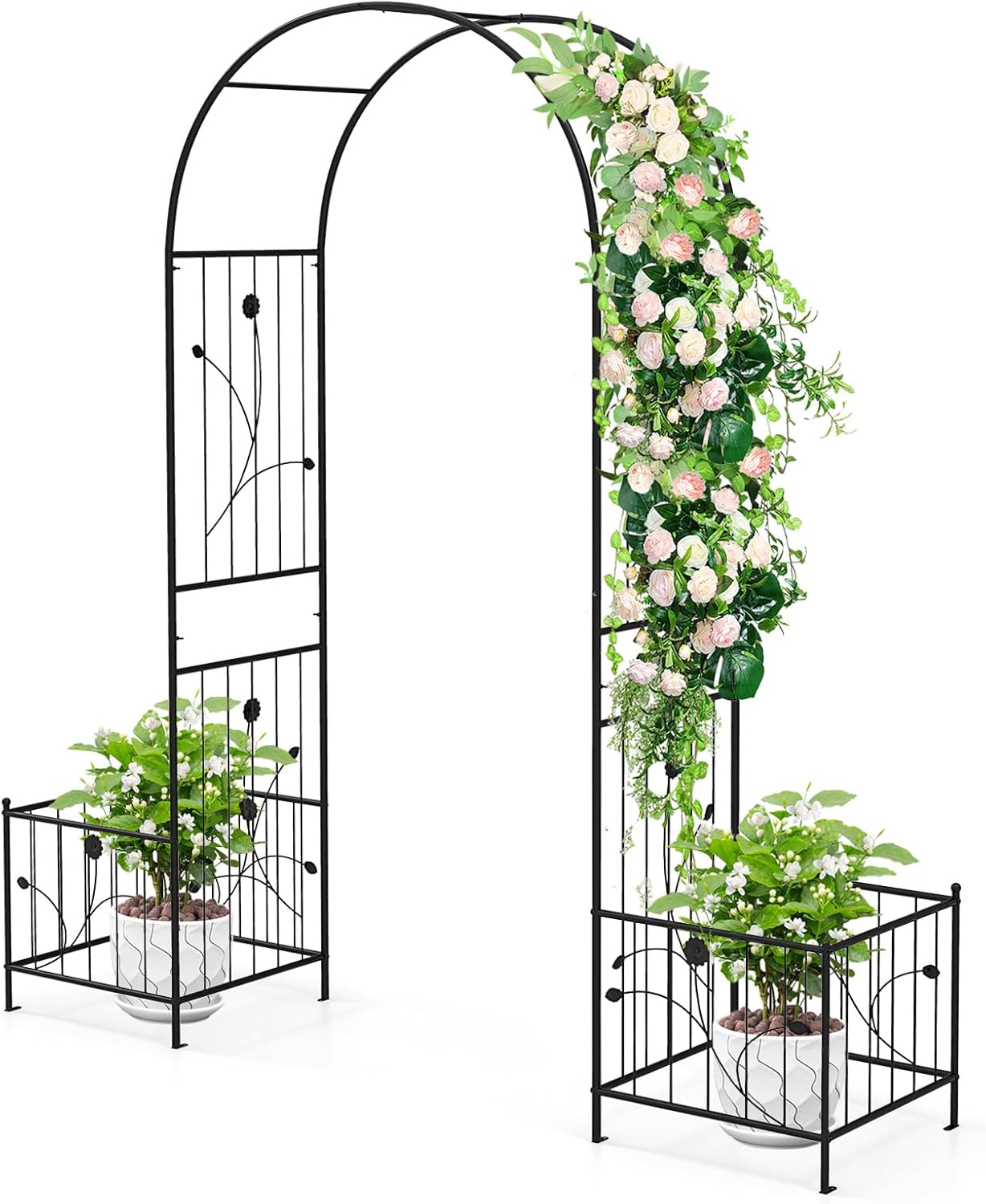 Happygrill Garden Arbor, 86" Metal Archway Pergola w/2 Side Planters, 8 Ground Stakes, Sturdy Metal Frame, Outdoor Arch Trellis for Climbing Plants, Wedding Ceremony, Garden Decoration