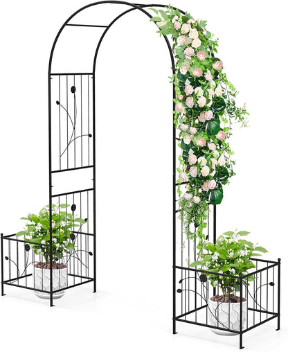 Happygrill Garden Arbor, 86" Metal Archway Pergola w/2 Side Planters, 8 Ground Stakes, Sturdy Metal Frame, Outdoor Arch Trellis for Climbing Plants, Wedding Ceremony, Garden Decoration