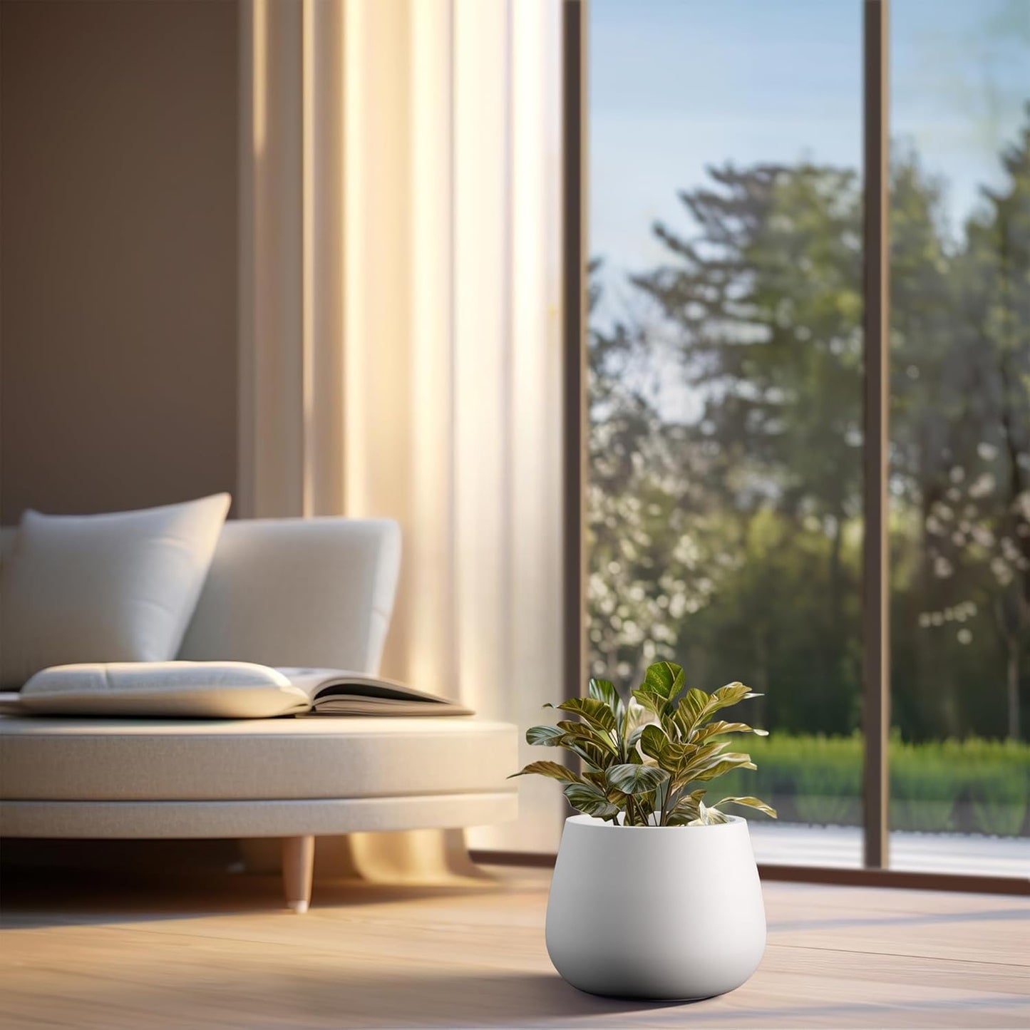 Kante Curva Series Planter, 10.2 Inch Round Concrete Flower Pot with Draiange Hole and Rubber Plug, Suitable for Indoor Plants, Home, Garden, Patio, White