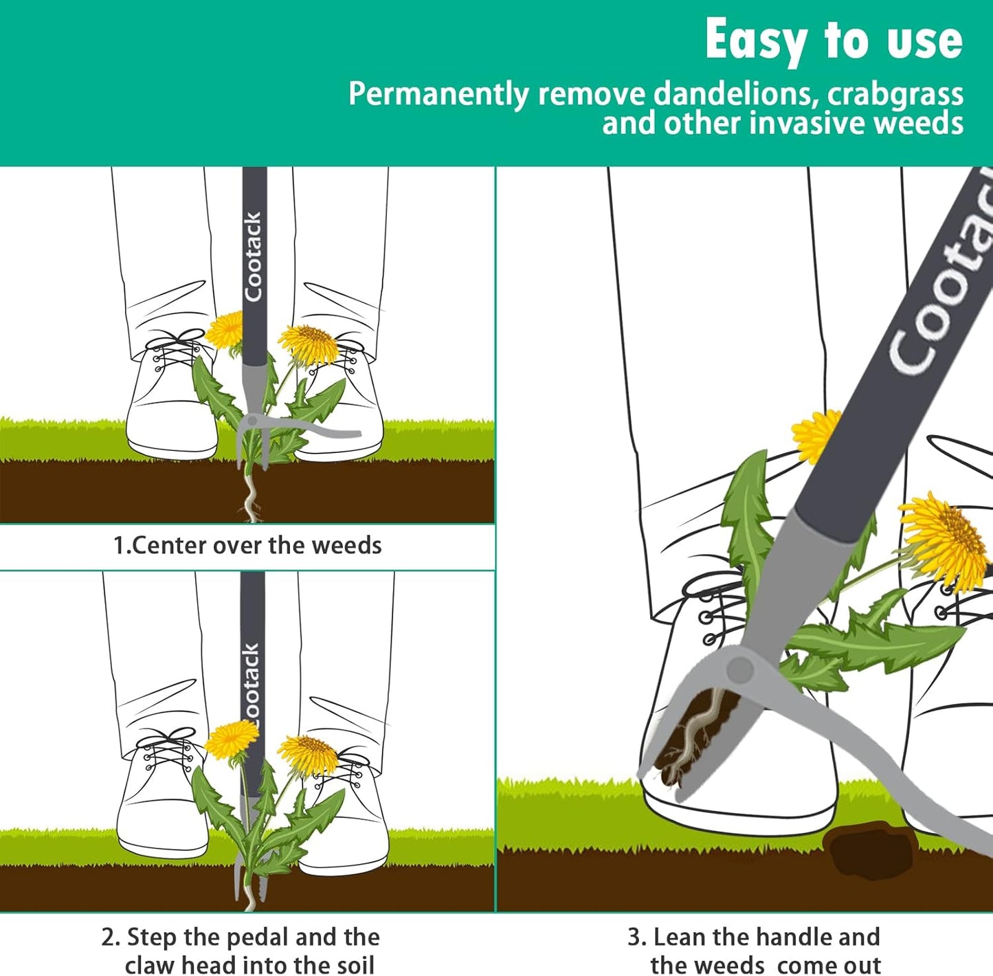 52'' Weed Puller with Long Handle Stand-up Hand Weeder Manual Weeding Tool with Stainless Steel Claw for Garden/Yard/Lawn, Weed Remove Without Bending or Kneeling