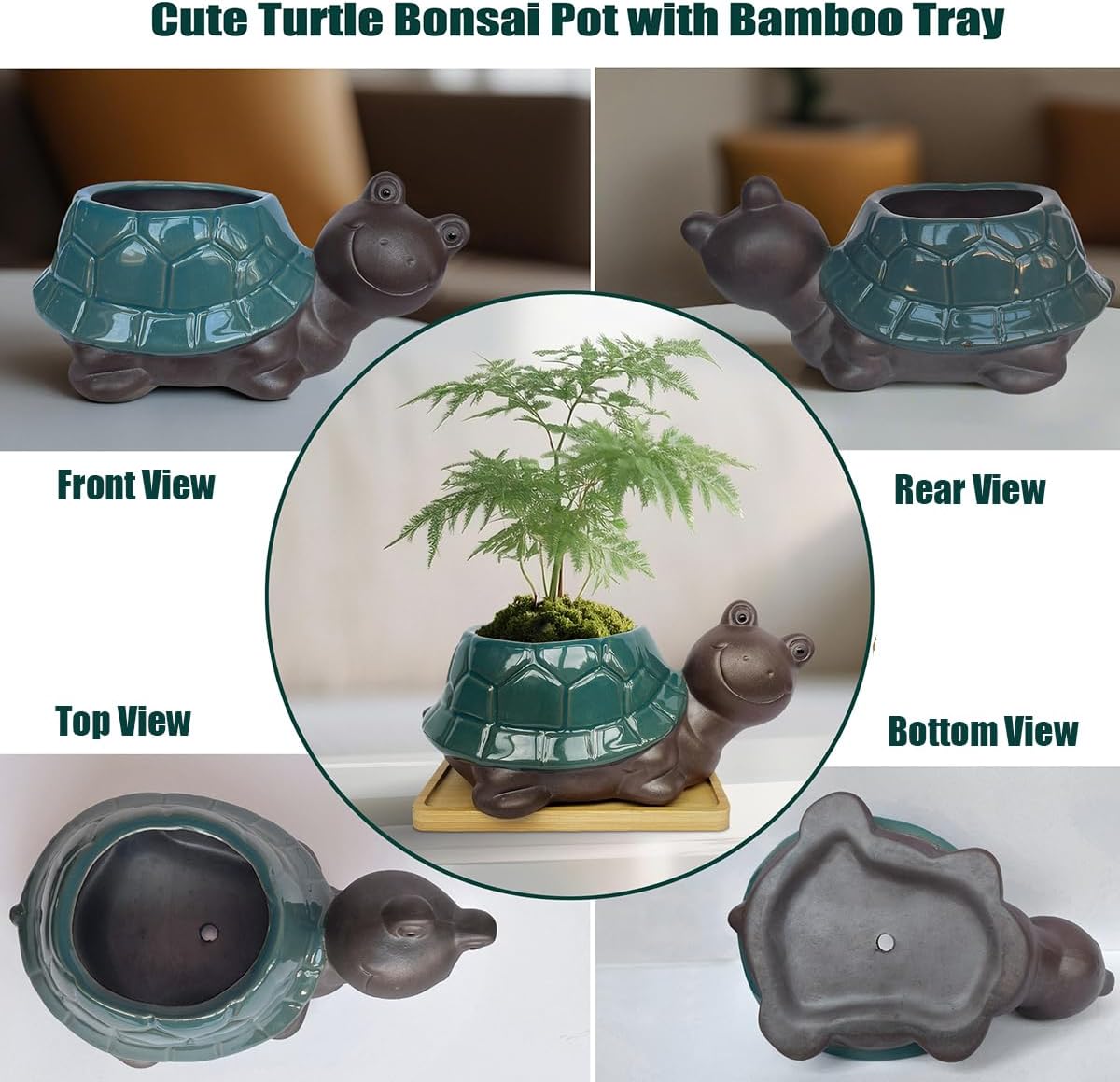 MUZHI Ceramic Bonsai Pot with Bamboo Tray SmilingTurtle Shape, Cute Animal Succulent Cactus Planter with Drainage Hole, Art Desk Decorations and Gift
