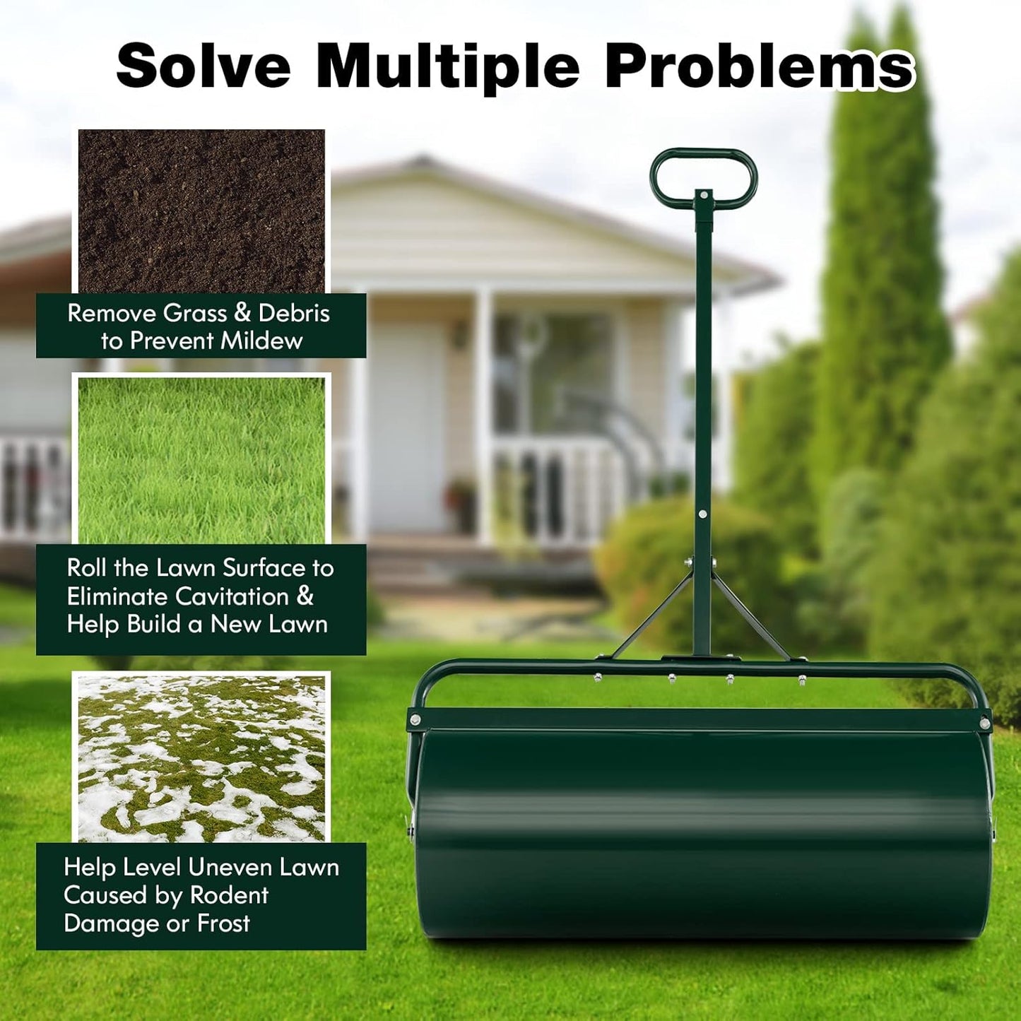 IRONMAX Lawn Roller, 17 Gallons/63 L Manual & Tow-Behind Steel Sod Roller w/Push Pull Handle, Lawn Rollers Tow Behind Water Filled for Yard, Park, Garden, Ball Field (17 Gallons, Green)