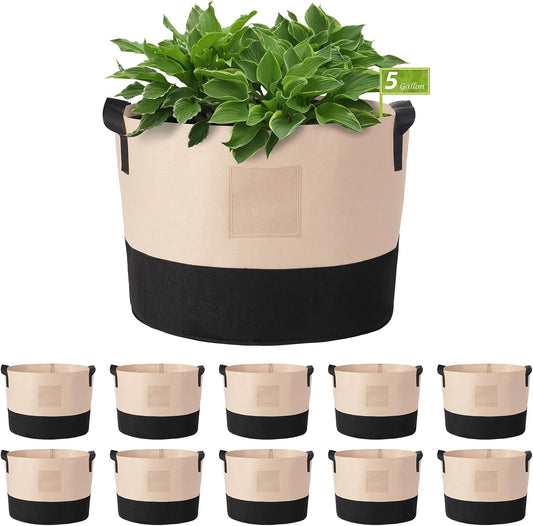 LITLANDSTAR 5 Gallon Fabric Grow Bags, 10 Pack Heavy Duty Thickened Nonwoven Plant Grow Bags with Handles and Label Bags, Fabric Plant Pots for Growing Vegetables Flowers Herbs (Black Mixed Camel)