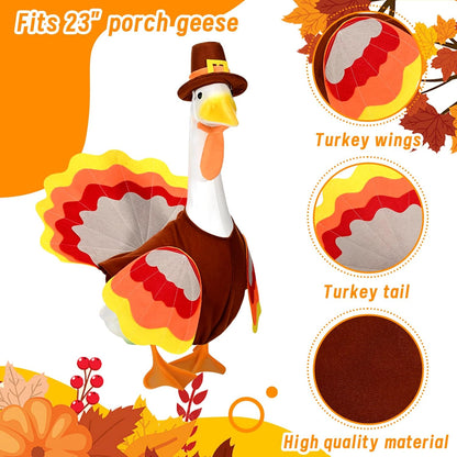 Thanksgiving Turkey Porch Goose Outfits Fall Lawn Goose Clothes, Fits 23" Cement Plastic Goose Statue for Autumn Outdoor Garden Yard Patio Statue Art Decoration