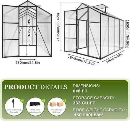 7.2FT High 6*8.2FT Greenhouse for Outdoors,Polycarbonate Greenhouse with Stronger Wind Protection and Roof Vent,Walk-in Large Aluminum Sunroom Winter Proof,Black