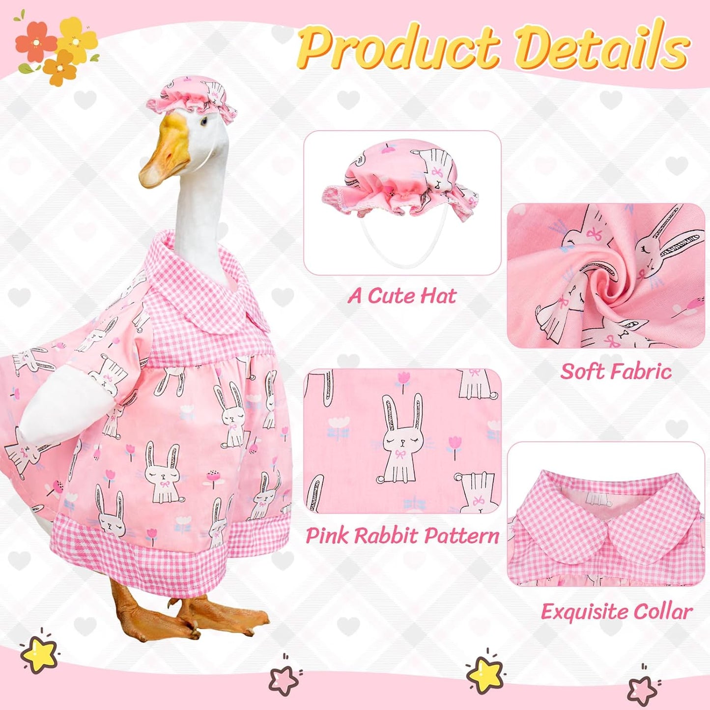 Porch Goose Outfits Cute Pink Rabbit Print, Porch Statue Goose Clothes with Hat for 23" Cement/Plastic Lawn Geese Statue Outdoor Patio Yard Lawn Art Decor Garden