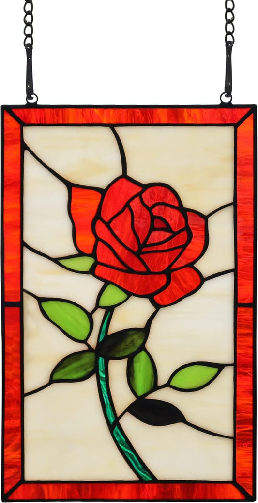 Red Rose Flower Stained Glass Window Hanging,Valentines Day Rose Gifts for Wife Girlfriend,Birthday