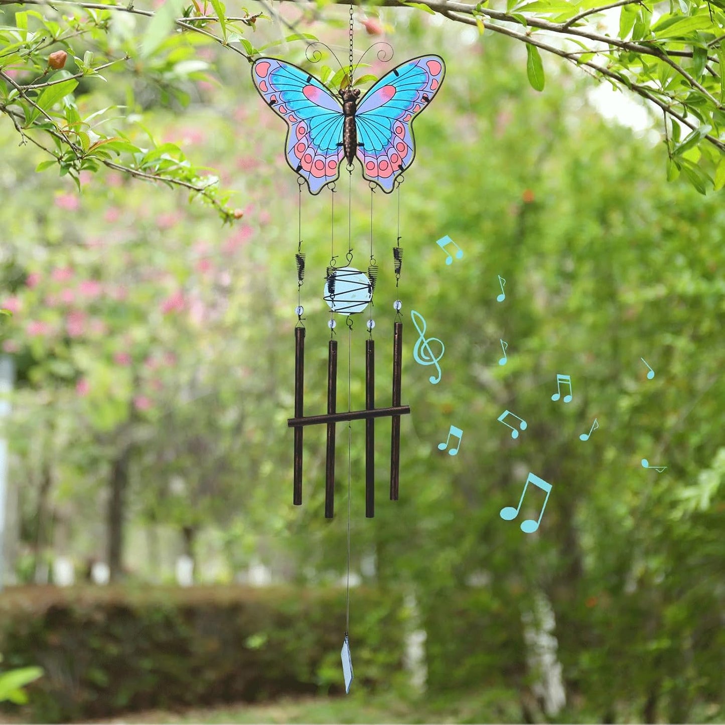 MUMTOP Butterfly Wind Chimes for Outside, Stained Glass Wind Chime Windchimes for Patio, Outdoor,Garden,Yard,Coastal,Window,Home Decor or Gifts for Women(Blue & Red)
