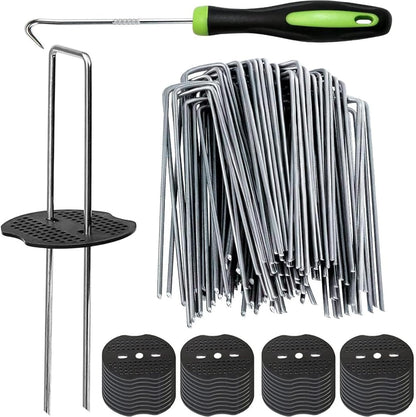 101Pcs 6 Inch 11 Gauge Garden Stakes Staples Kit, 50Pcs U-Shaped Landscape Staples and 50Pcs Fixing Gasket with 1Pc Pick Hook for Weed Barrier Fabric, Groud Cover, Holding Fence