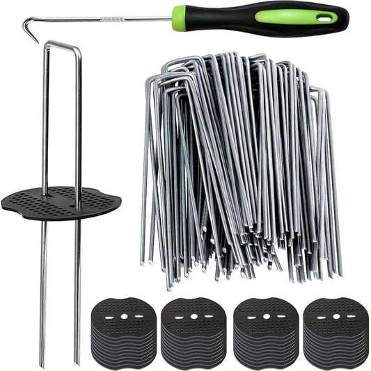 101Pcs 6 Inch 11 Gauge Garden Stakes Staples Kit, 50Pcs U-Shaped Landscape Staples and 50Pcs Fixing Gasket with 1Pc Pick Hook for Weed Barrier Fabric, Groud Cover, Holding Fence