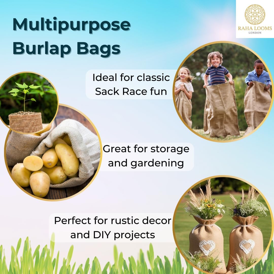 12 Potato Grow Bags : Premium Quality No Smell Extra Tough Potato Sack Race Bags Hacky Sack, Outdoor Games for Adults Burlap Outdoor Games for Kids costales para juegos de carreras