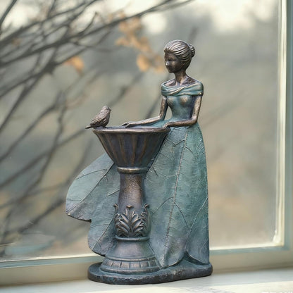 DiliComing Fairy Outdoor-Statues Garden-Decor with Solar - 12 Inch Resin Leaf Girls Birdbath Sculpture Waterproof Outdoor Decor for Patio/Yard, Unique Bird Feeder Figurines Home Decor Gifts for Women