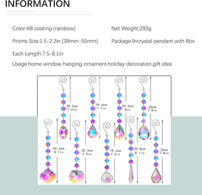 HDCRYSTALGIFTS 9 Pack Iridescent Sun Catchers with Crystals,Rainbow Maker Crystal Suncatchers for Window Hanging Colored Glass Wind Chimes Prism Pendant Suncatcher Beads for Decoration