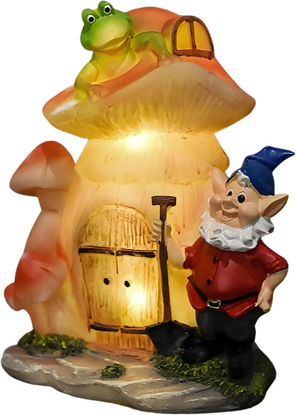 VINIUSIKI Garden Statues Mushroom House Gnome with Solar Light, LED Outdoor Fairy House Statue for Lawn,Balcony-Yard Art Patio Decor, Outdoor Easter Decorations Gifts for Mom Women
