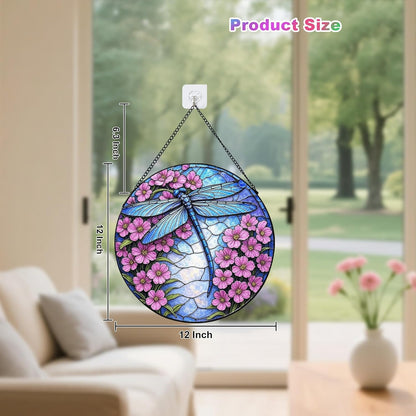 Stained Glass Window Hanging – Dragonfly Sun Catcher Round Glass Panel, Blue Floral Window Decor, Suncatchers for Windows Hanging Gift for Women & Mom (12 Inch)