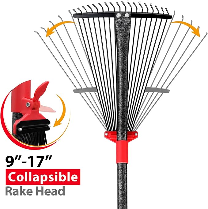 Rake for Leaves, Adjustable Garden Leaf Rakes for Lawns Heavy Duty, Metal Rake with 18 Clog-Free Tines, 9”-17” Collapsible Head, 6 ft Long Handle, Yard Tools for Gardening Camping Fast Cleanup