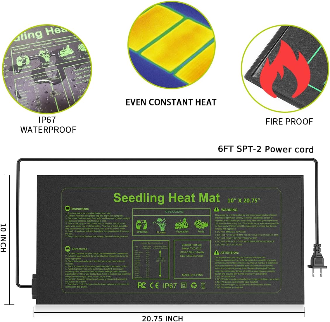 2 Pack Seedling Heat Mat 10X20.75`` Durable Waterproof Plant Heating Pad Warm Hydroponic Heating Mat for Seed Starting Germination Plant Propagation