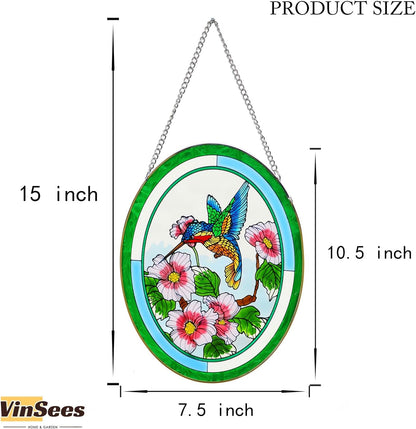 Hummingbird Stained Glass Window Hangings,Suncatcher for Window, Hummingbird and Flowers Hanging Ornament, Stained Glass Panel Home Decorations for Indoor Outdoor