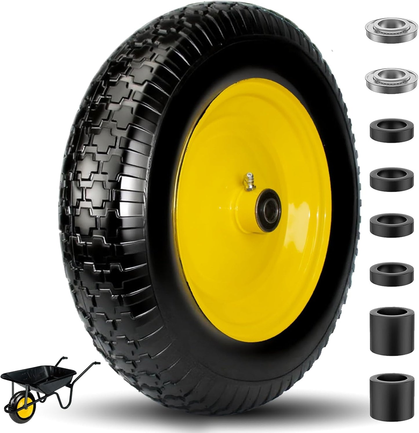 4.80/4.00-8 Tire, 14.5" Tire and Wheel Flat Free, 5/8" Bore Bearing with 3/4" Extra Bearings with 3" Centered Hub - Universal for 4.80-8 4.00-8 4.00-6 3.50/3.00-8 Wheelbarrow Tires